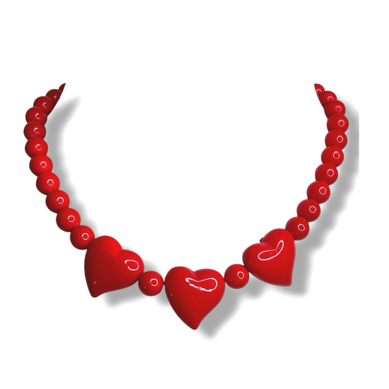 Cherry Red Acrylic Heart Necklace Chunky Beaded Statement Choker Retro 1980s